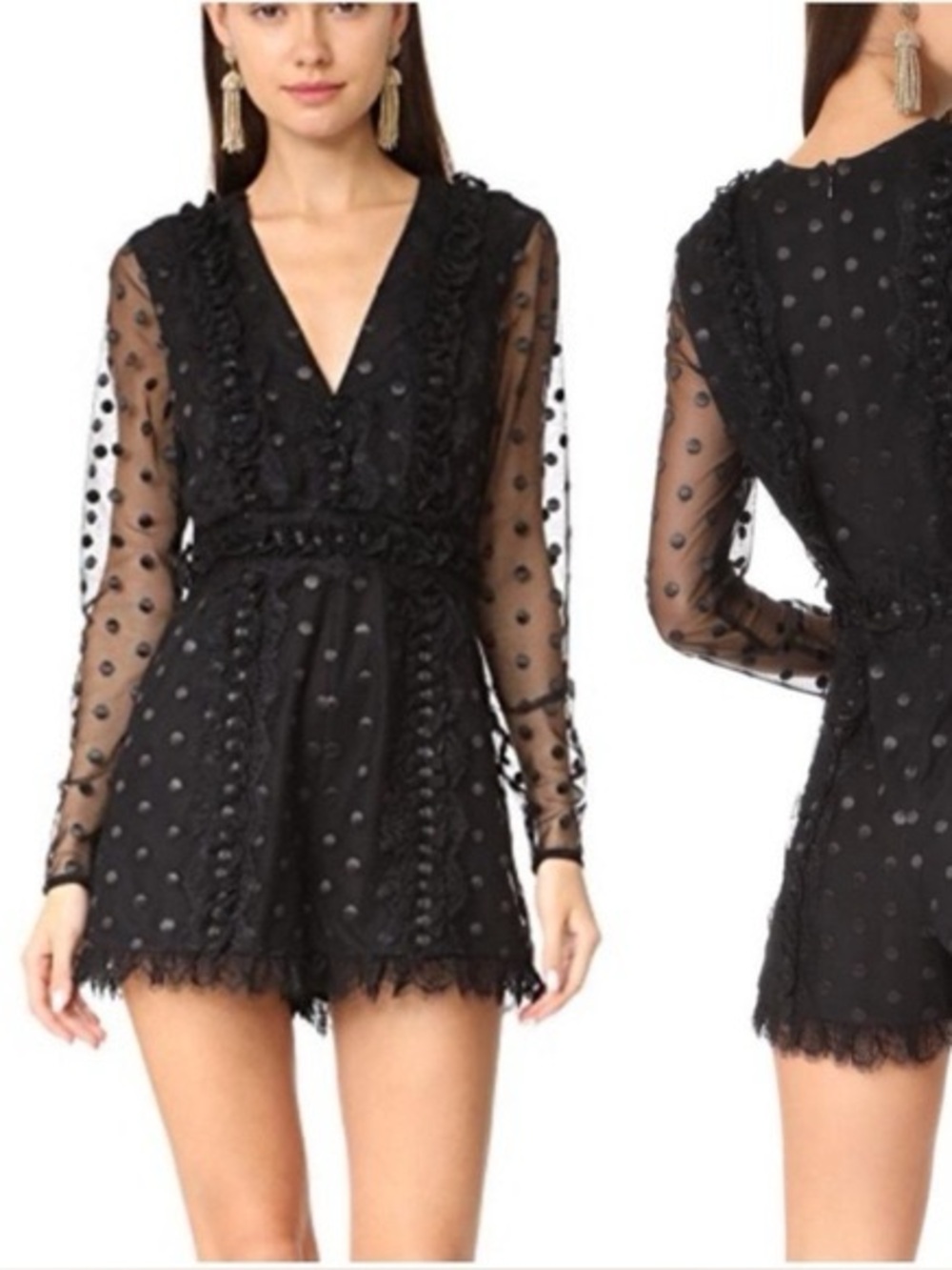 Alexis Black Polka Dot Mesh Ruffle Romper